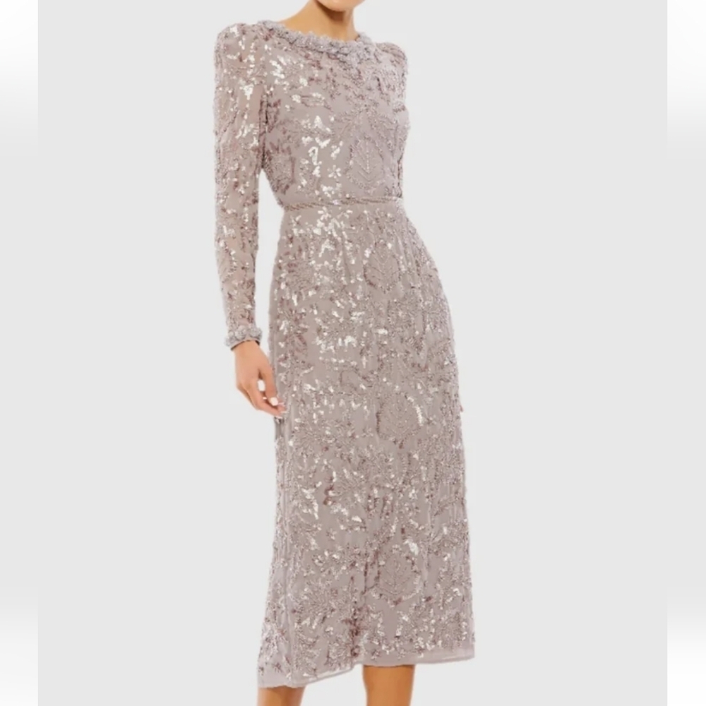 Mac Duggal 12 Light Purple Embellished High Neck Puffed Sleeve Midi Sheath Dress